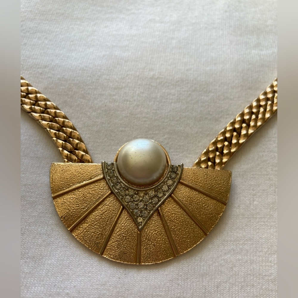 Vintage Park Lane Fan Design Pearls Rhinestones Runway Statement Necklace - Picture 8 of 9